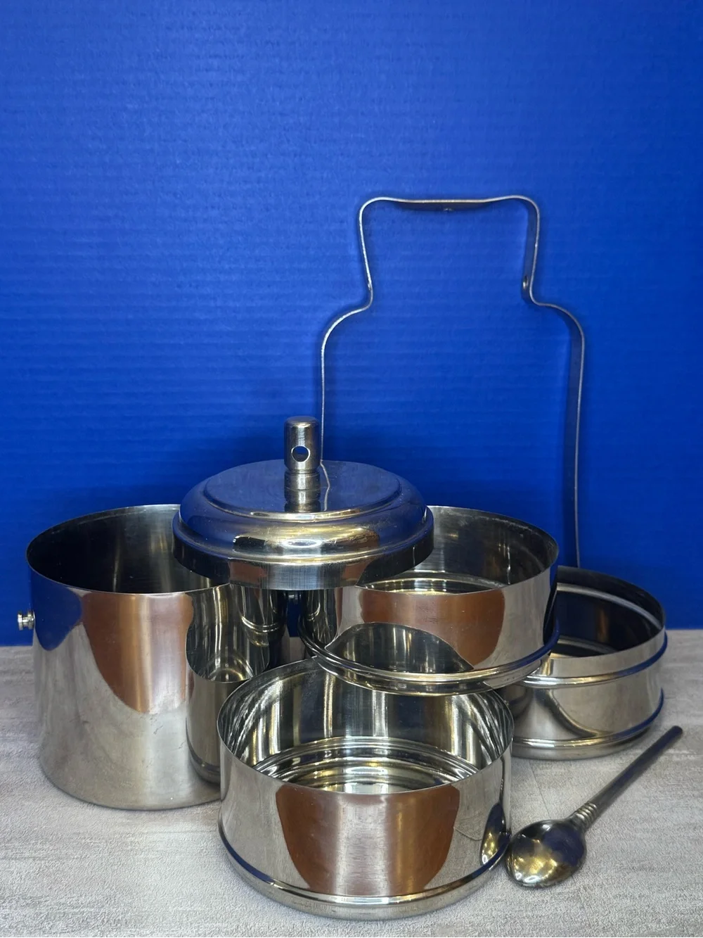 Stainless Steel Tiffin Lunch Carrier with Spoon - Silver 4 tier interlocking